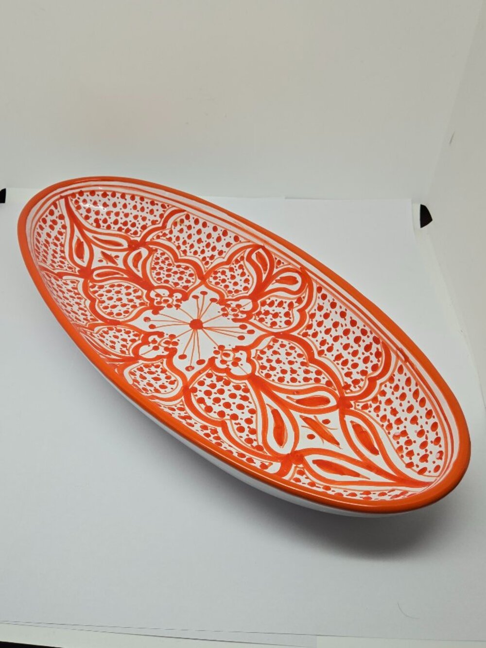 Hand Painted Terracotta Oval Decorative Bowl, 16", Made in Tunisia, Orange
